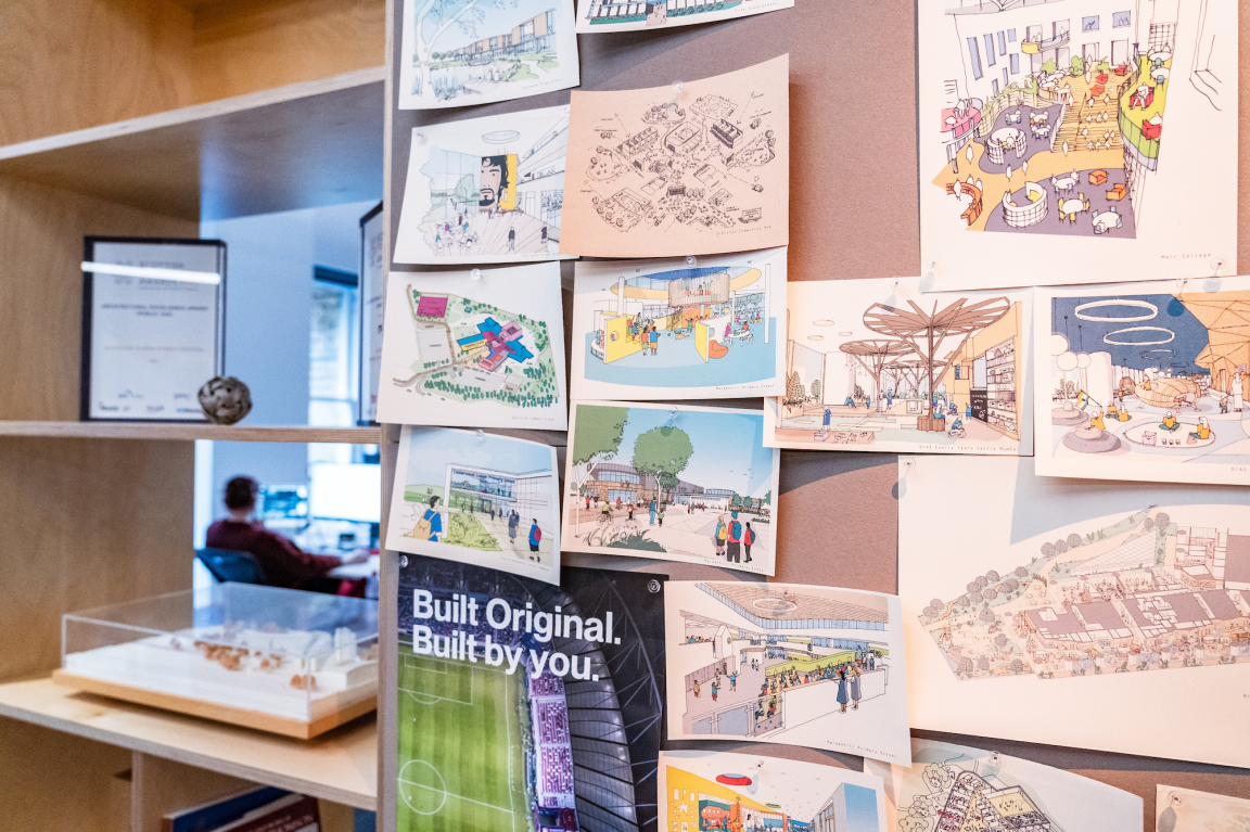 Design sketches and concept illustrations displayed on a bulletin board in the BDP Glasgow studio, showcasing innovative architectural ideas.