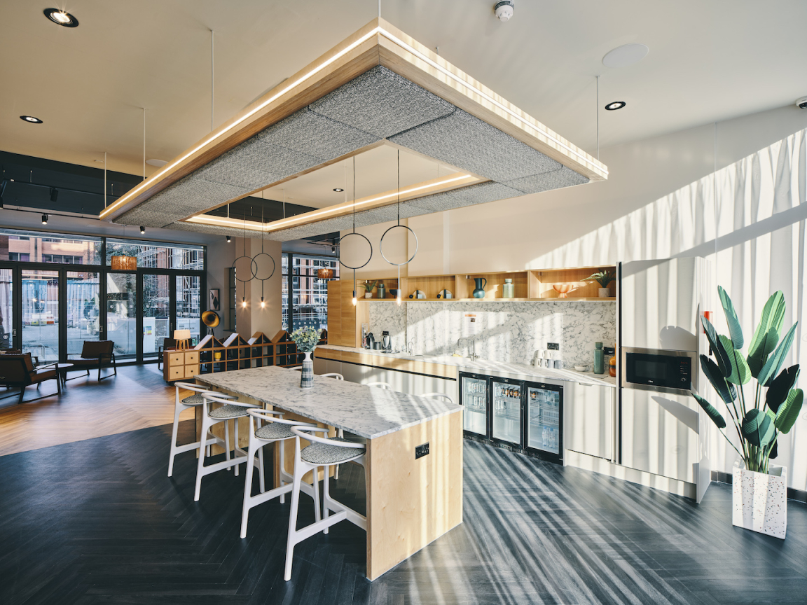 Symons House, Leeds - The communal kitchen, opposite the library area. Photography by Gu Shi Yin