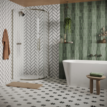 Stylish bathroom showcasing a modern shower, freestanding tub, and geometric tile patterns for a contemporary washroom aesthetic.