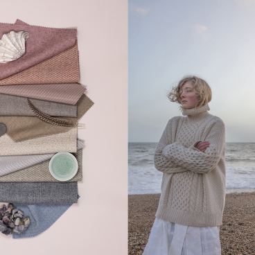 Fabric swatches showcasing a color palette alongside a woman wearing a knitted sweater against a coastal backdrop.