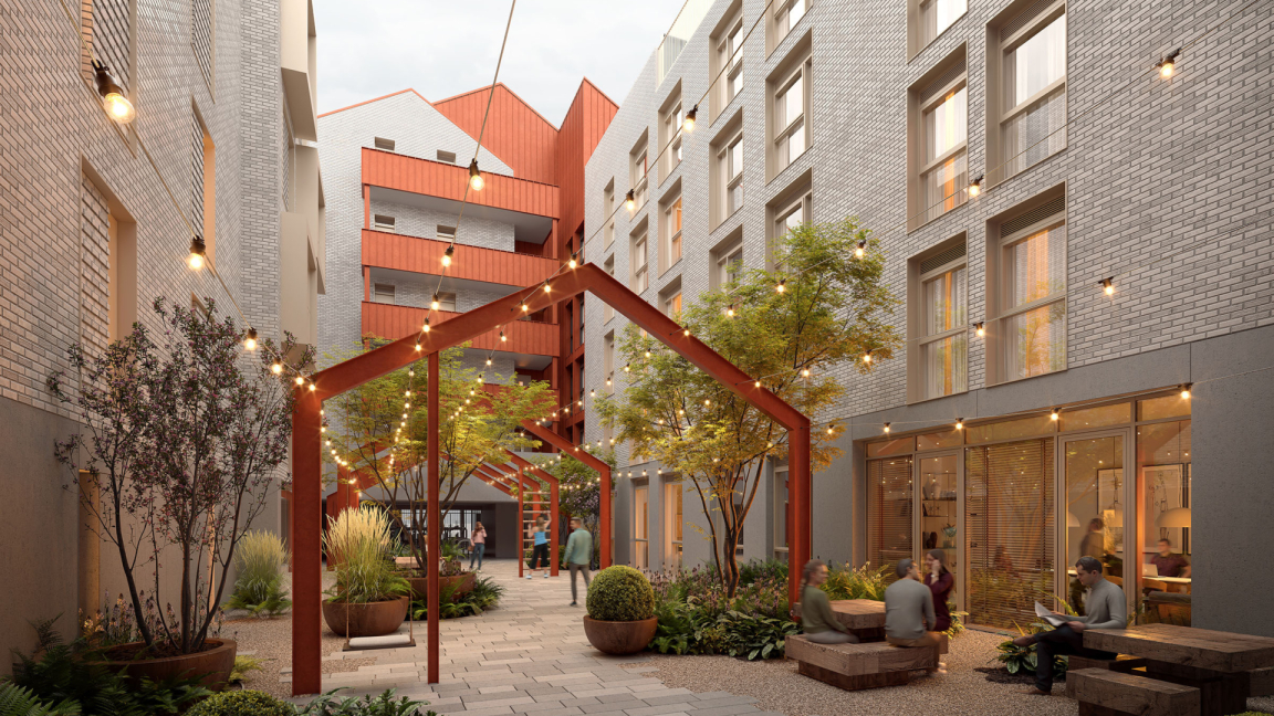 A vibrant urban courtyard featuring greenery, modern architecture, and people enjoying communal spaces in a 15-minute neighborhood.