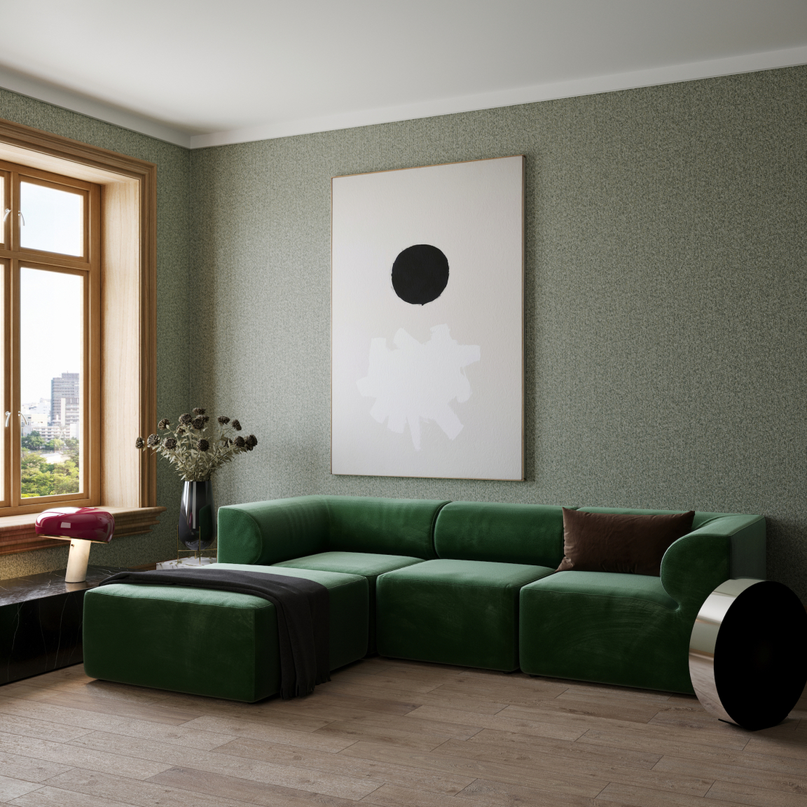 Sophisticated green sofa in a stylish room featuring modern art, large window, and elegant decor elements.