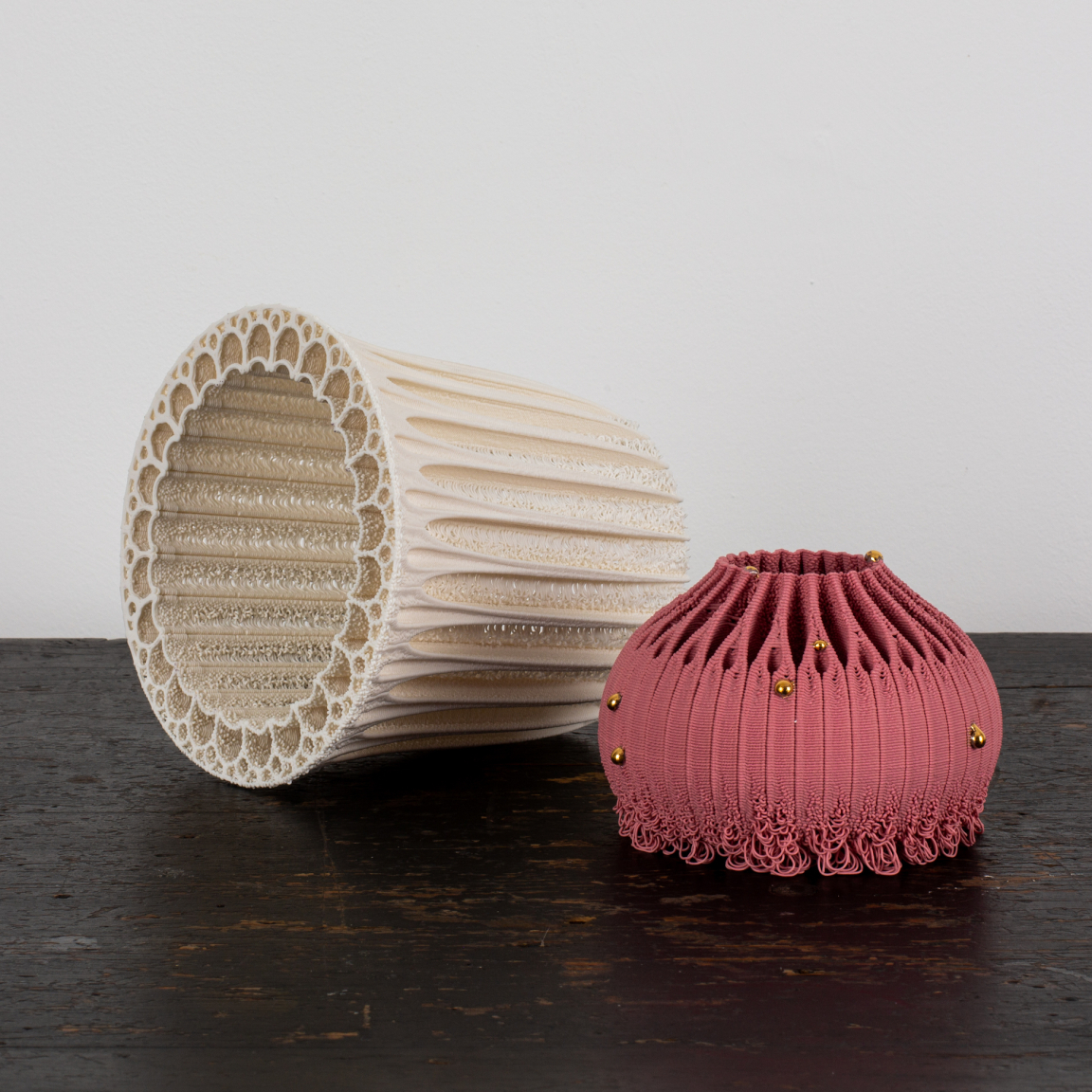 Nico Conti - collar vessel, white porcelain and sea urchin with gold and pink porcelain, 3D printed