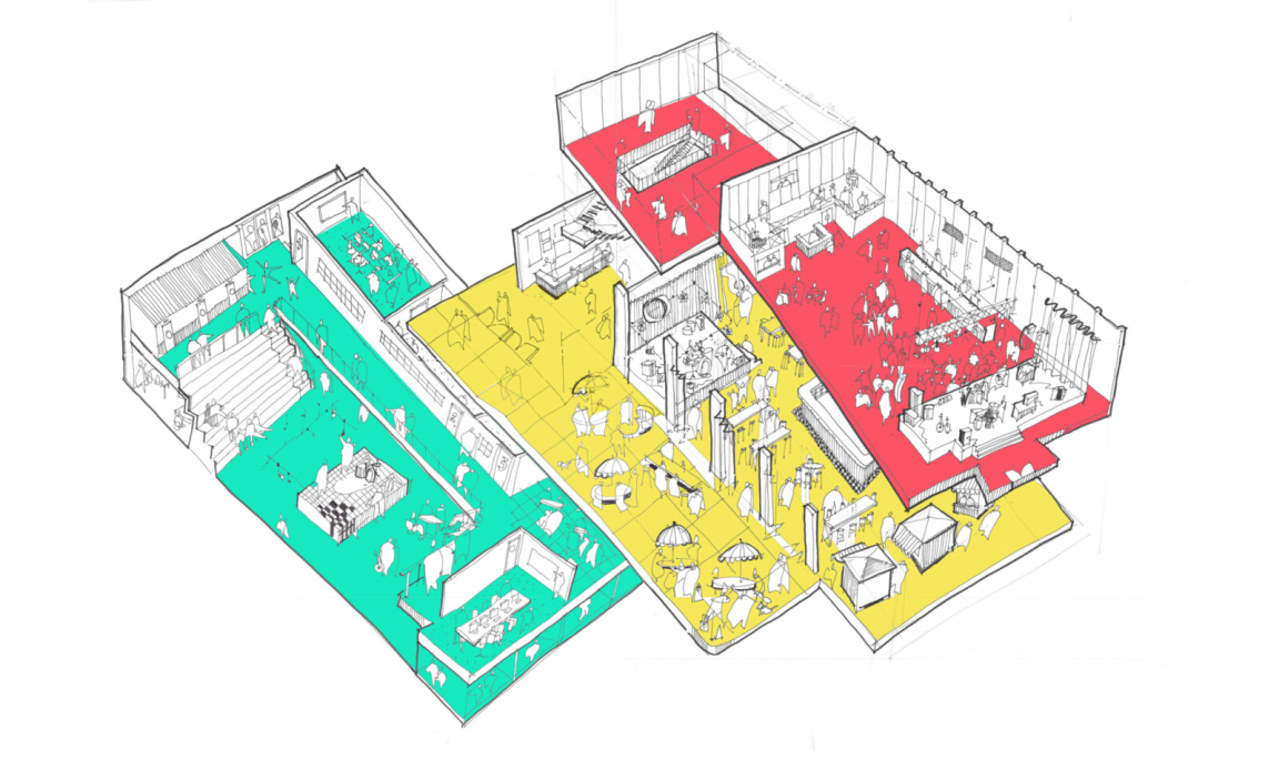 Colorful floor plan illustration depicting collaborative spaces designed for community engagement and creative placemaking.