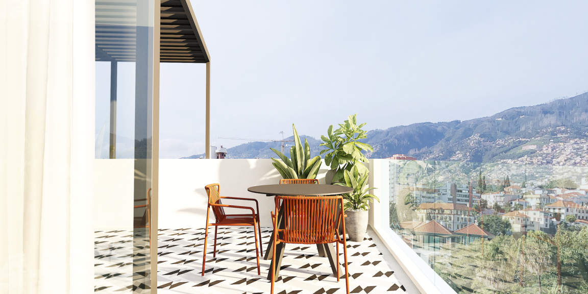 Stylish outdoor office setup featuring a round table, modern chairs, and lush plants, ideal for homeworking spaces.