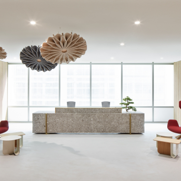 Modern reception area of Takeda's Dubai HQ featuring a unique blend of Japanese design and Emirati craftsmanship.