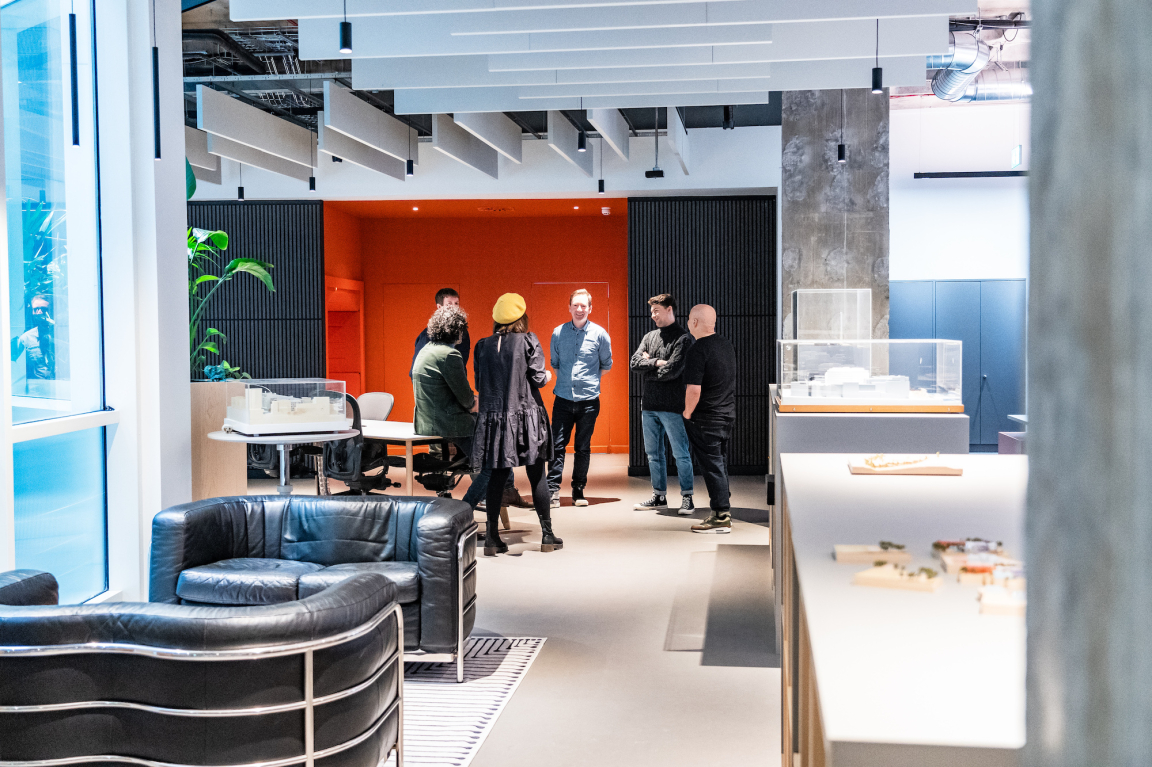 Interior of BDP Glasgow's Grosvenor Building studio, showcasing team collaboration and modern workspace design elements.