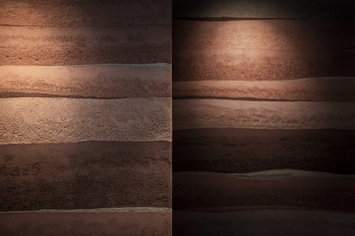 Rammed Earth Finish Sustainable Wall Surface - CBRE Glasgow. Credit: Alex Treadway