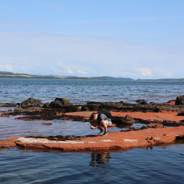 A person examines unique coastal rock formations along the water, highlighting the beauty of Scotland's natural landscape.