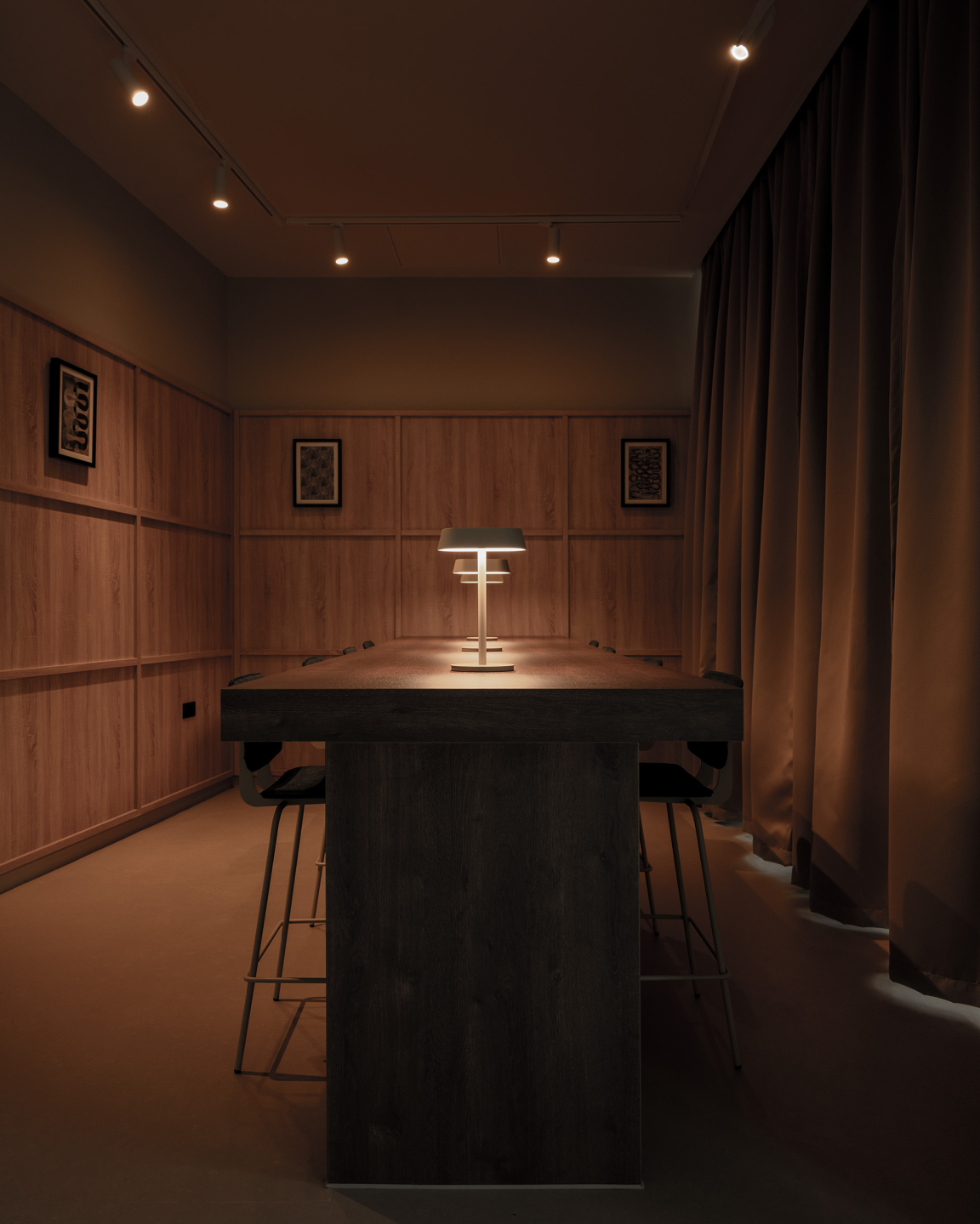 Sophisticated interior of a conference room at The Place, Nottingham, featuring warm wood textures and ambient lighting.