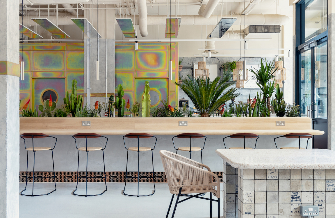 Vibrant hotel interior featuring a wooden bar, plant decor, and modern lighting, emphasizing sustainability in Bermondsey.