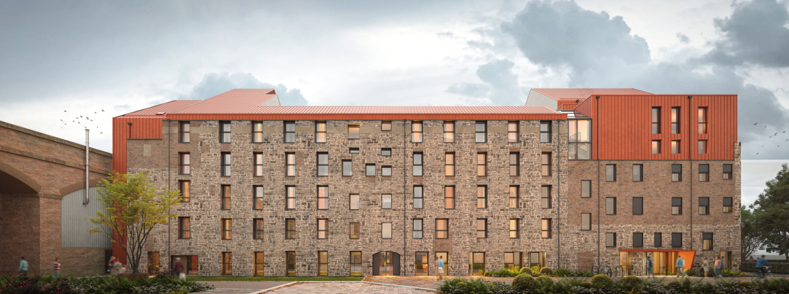 Modern architectural design of a mixed-use building in a 15-minute neighbourhood, highlighting community and commerce integration.