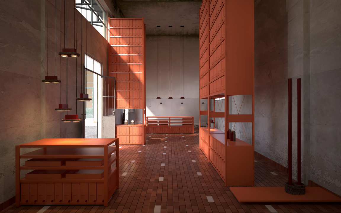 Interior view of the davidpompa Stone Archive showcasing vibrant orange shelving and natural stone lighting elements.