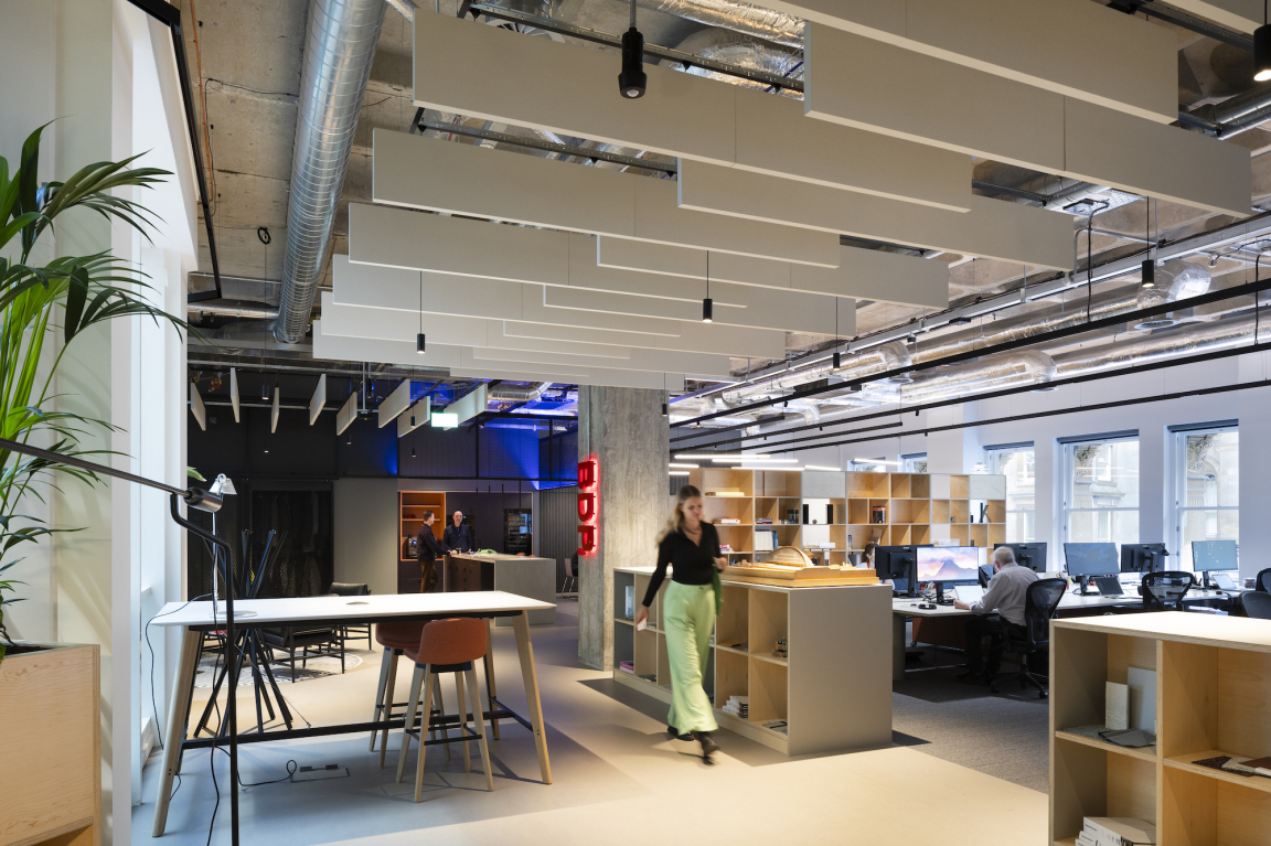 Modern office interior at BDP Glasgow's new Grosvenor Building studio, featuring open spaces, innovative design, and collaborative work areas.