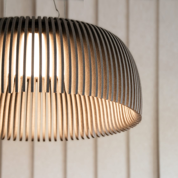 Handcrafted lumenear acoustic lamp featuring a stylish wooden design that blends elegance with sound absorption.