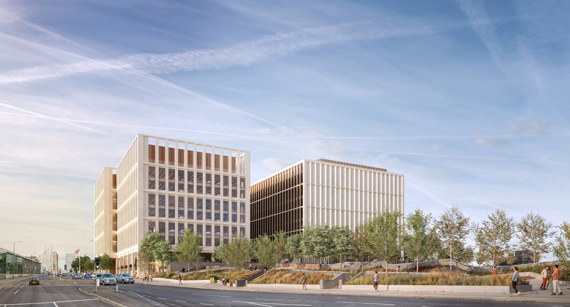 Modern government office complex in Manchester designed by AtkinsRéalis, featuring contemporary architecture and landscaped areas.