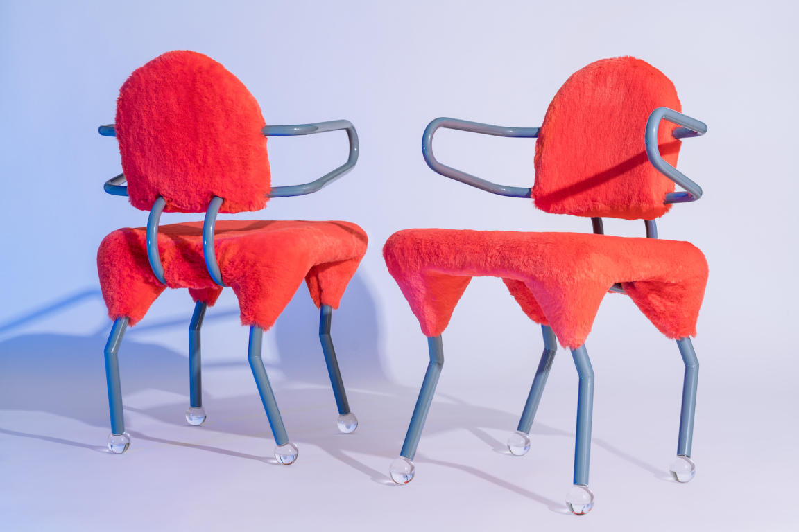 Animal Chair, Masanori Umeda, 2020 (based on a 1982 design), limited edition of 24 items + 2 artist's proof, “Night Tales” Collection, Post Design. Small armchair with metal and synthetic fabric seat and round plexiglass feet. Dimensions: W 50, D 53, H 80 cm. Photograph © Delfino Sisto Legnani. Courtesy of Memphis srl. 