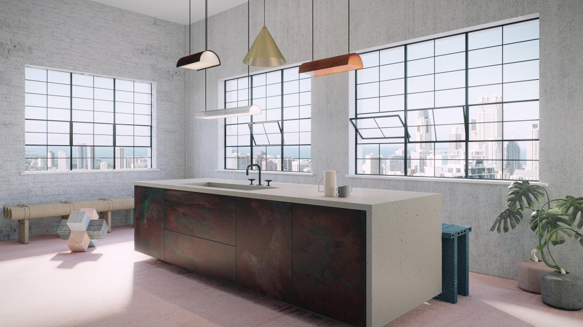 Modern kitchen interior featuring quartz surfaces, large windows with city views, and stylish pendant lighting.