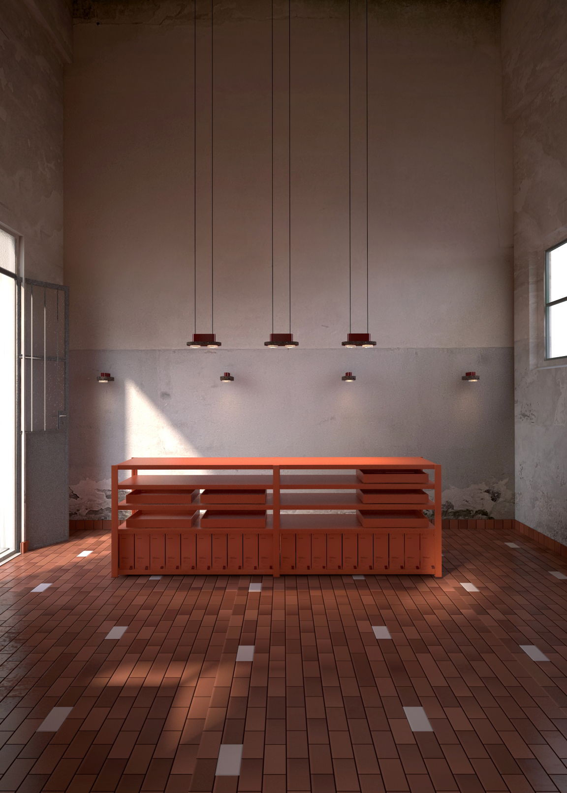 Modern interior showcasing an orange shelving unit under pendant lighting, emphasizing volcanic materiality and contemporary design elements.